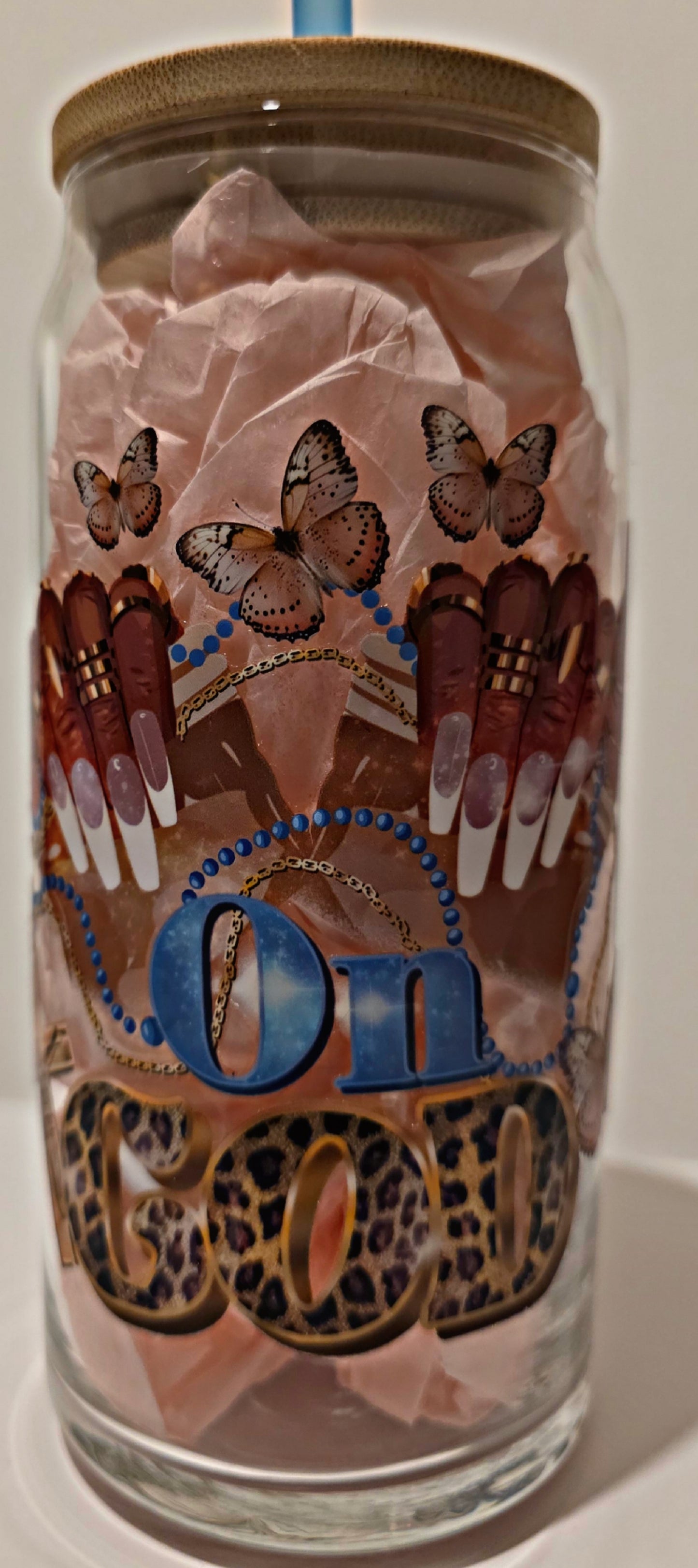 "On God" Can glass w/bamboo lid. 20oz