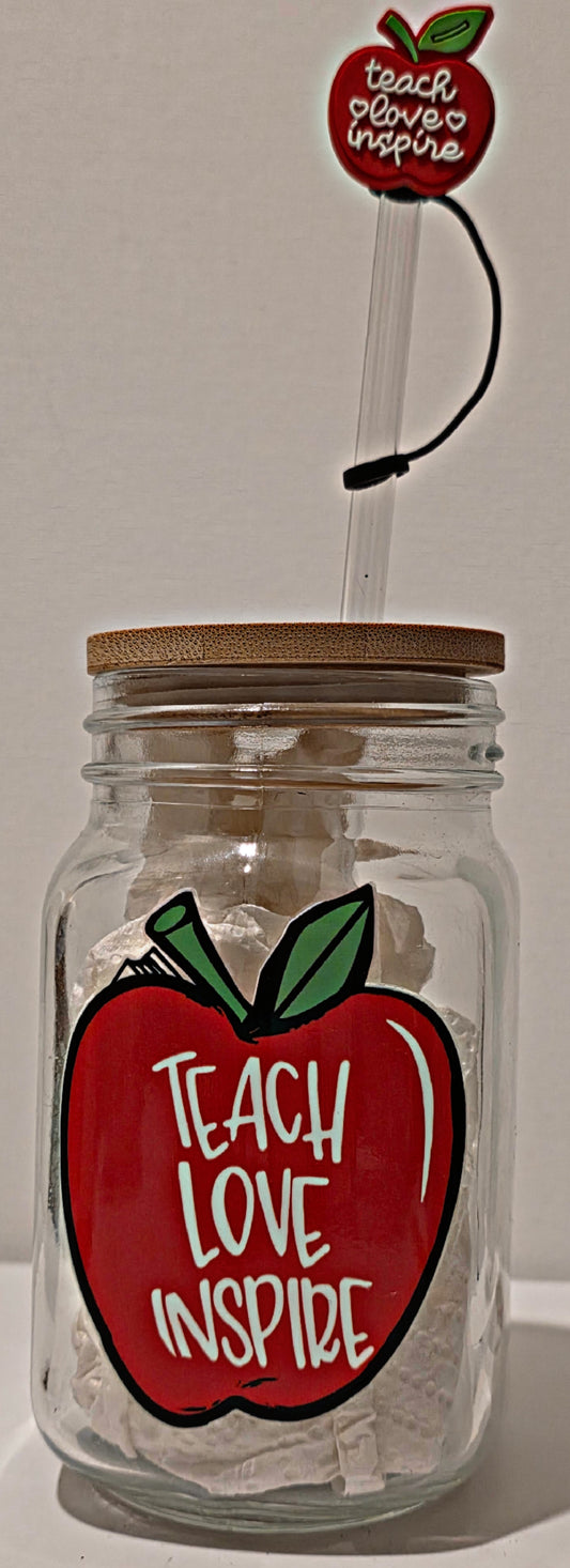 Teachers mason style cup w/straw topper.