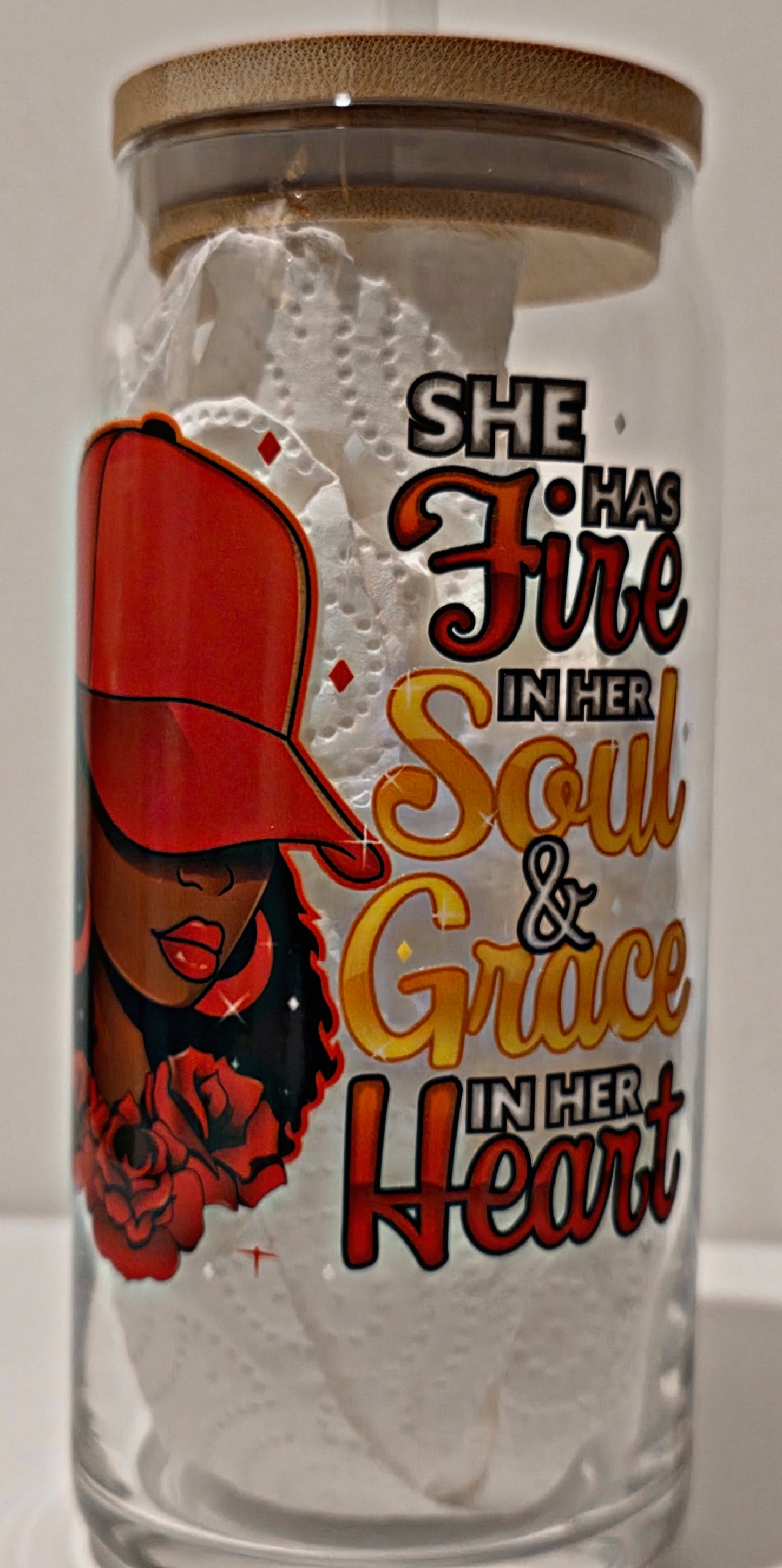 Fire and grace can style glass w/bamboo lid. 20 oz