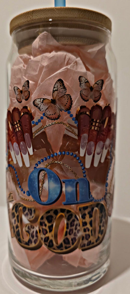 "On God" Can glass w/bamboo lid. 20oz